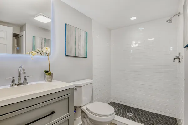 a bathroom with a sink a toilet a shower and a mirror