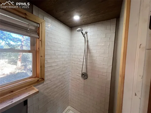 a bathroom with a shower and a window