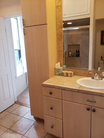a bathroom with a sink and a mirror