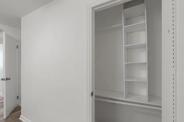 a view of walk in closet with empty racks