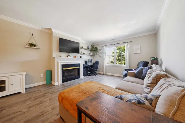 a living room with furniture a flat screen tv and a fireplace