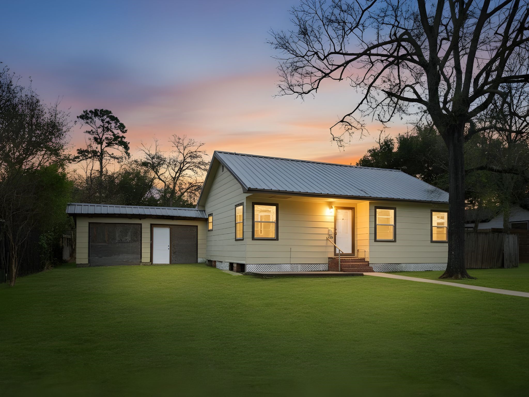 a front view of a house with a garden and yard