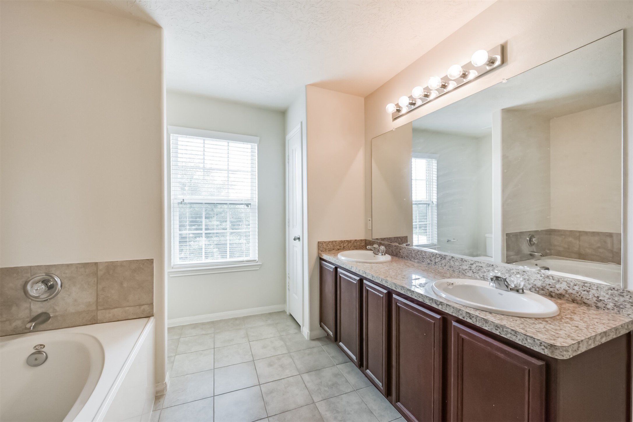 2142 Tandy Park Way Houston, TX 77047 - Photo 19 of 35 a bathroom with a granite countertop sink a large mirror and a bathtub