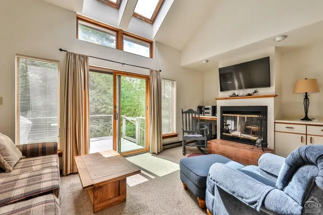 a living room with furniture a flat screen tv and a fireplace