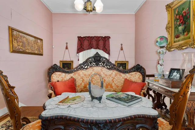a view of a dining room with furniture
