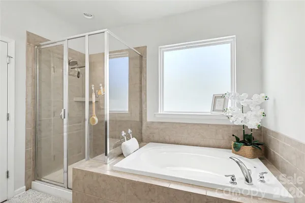 a bathroom with a bathtub and a shower