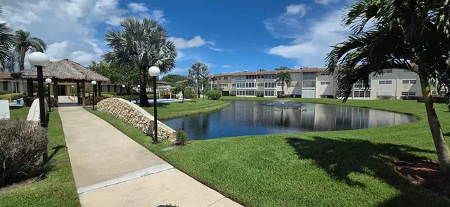 a view of a park with large trees