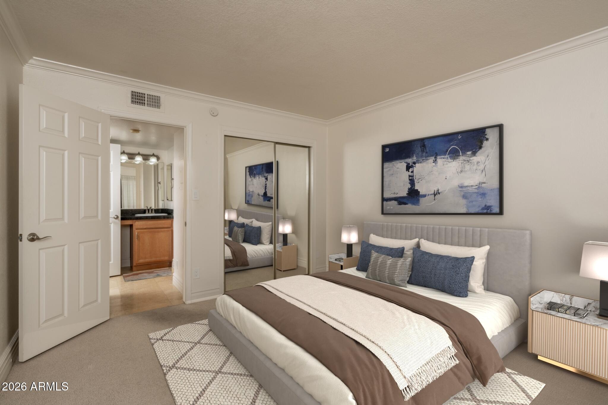 3825 East Camelback Road, Unit 269 Phoenix, AZ 85018 - Photo 11 of 25 a bedroom with a bed and a painting on the wall