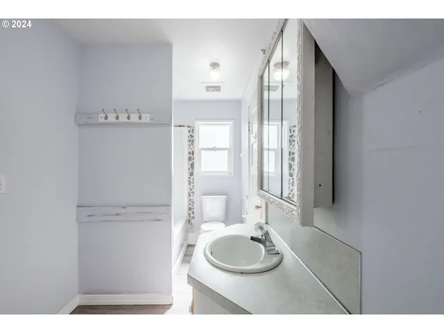 a bathroom with a sink vanity mirror and toilet