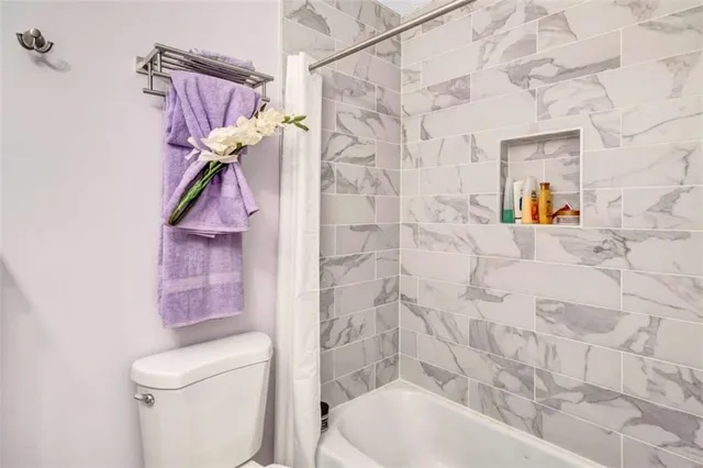 a bathroom with a shower and a toilet