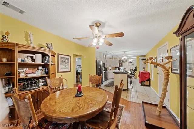 a view of a dining room with furniture