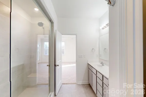 a bathroom with a sink a mirror and a shower