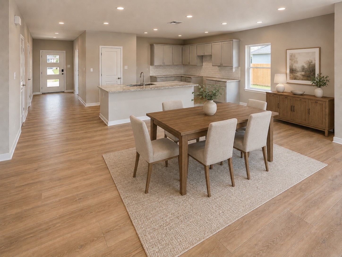 156 Wind Hill Jarrell, TX 76537 - Photo 2 of 22 a kitchen with stainless steel appliances kitchen island granite countertop a table chairs sink and microwave