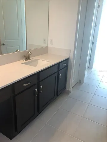 a bathroom with a sink vanity and a mirror
