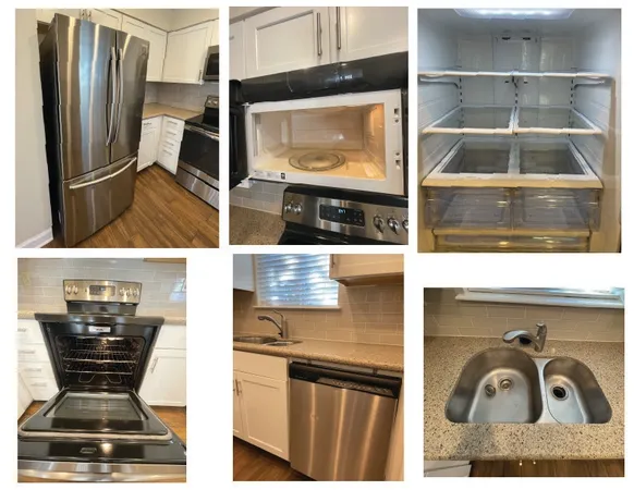 a kitchen with a refrigerator and a stove