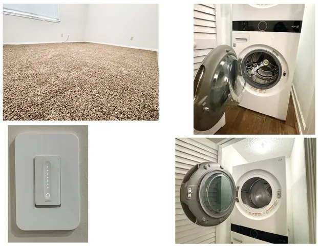 a view of a bedroom with washer and dryer