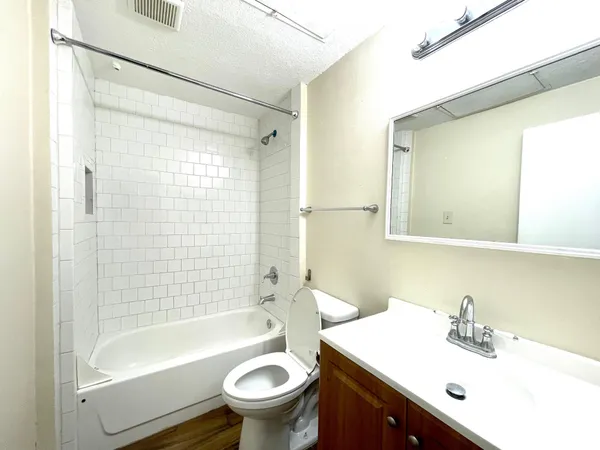 a bathroom with a sink mirror toilet and bathtub