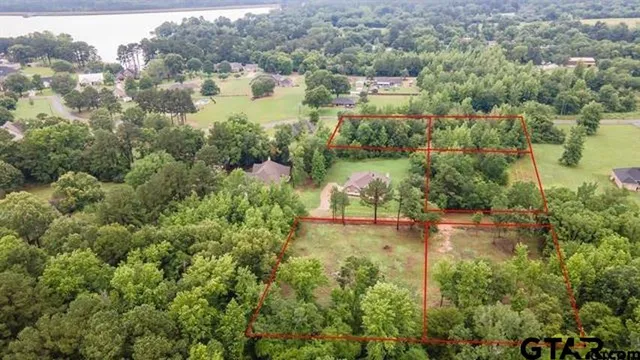 an aerial view of residential houses with outdoor space and trees