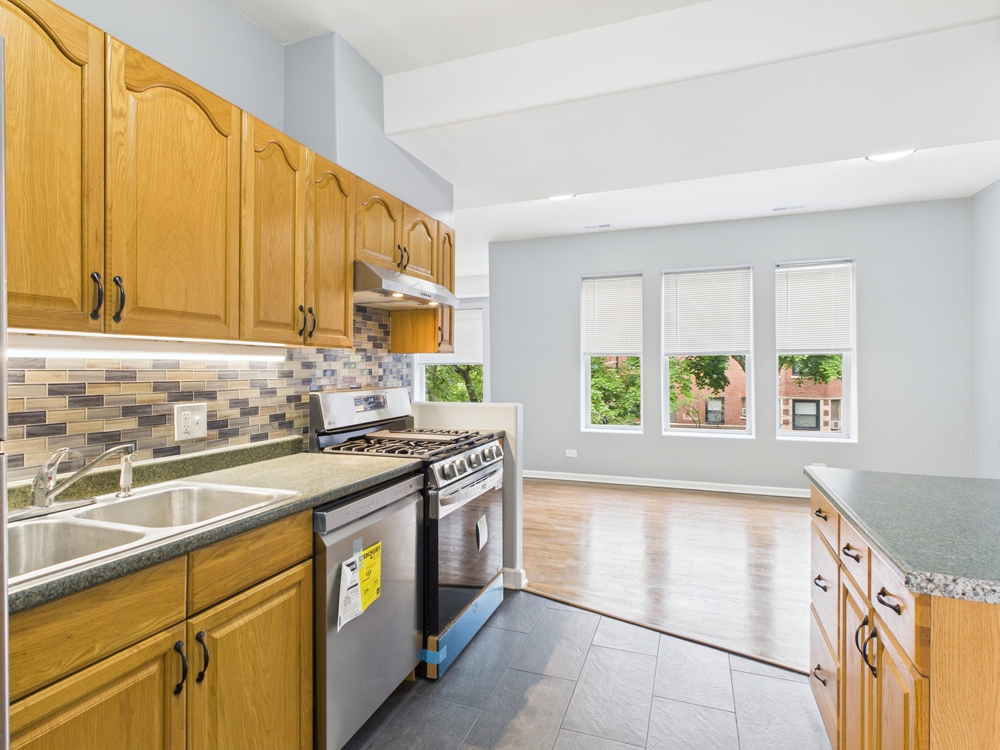 1729 East 67th Street, Unit 2E Chicago, IL 60649 - Photo 13 of 18 a kitchen with a stove a sink and a microwave