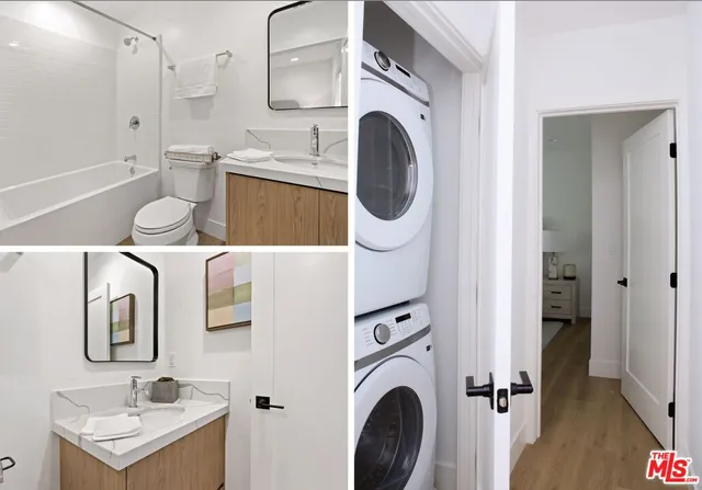a bathroom with a sink a washer and dryer