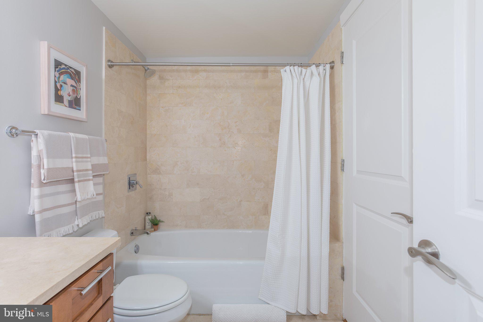 215 I Street Northeast, Unit 105 Washington, DC 20002 - Photo 25 of 41 a bathroom with a granite countertop bathtub shower sink vanity and toilet