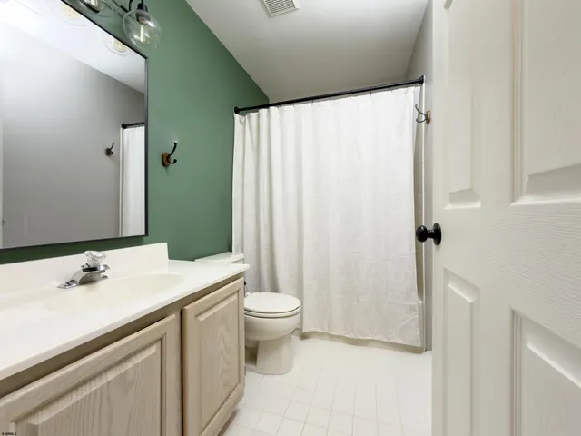a bathroom with a sink a toilet and shower curtain