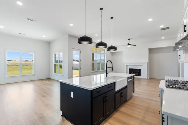 a large kitchen with stainless steel appliances kitchen island a large counter top a sink and a wooden floor