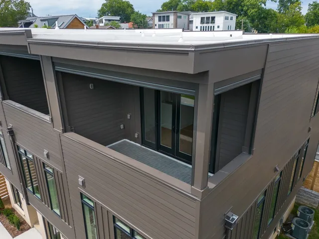a balcony with a bench