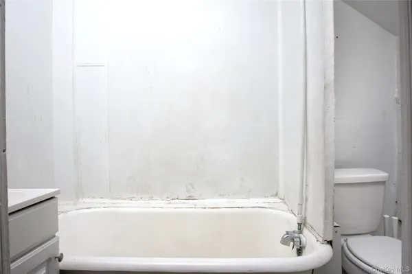 a bathroom with a bathtub and a toilet