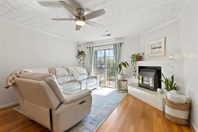 a living room with furniture and a fireplace
