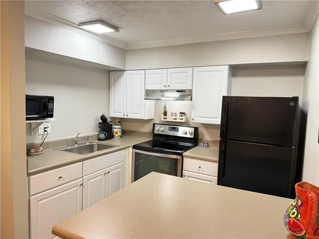 a kitchen with a sink a stove a refrigerator and cabinets