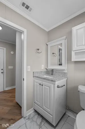 a bathroom with a granite countertop toilet sink and mirror