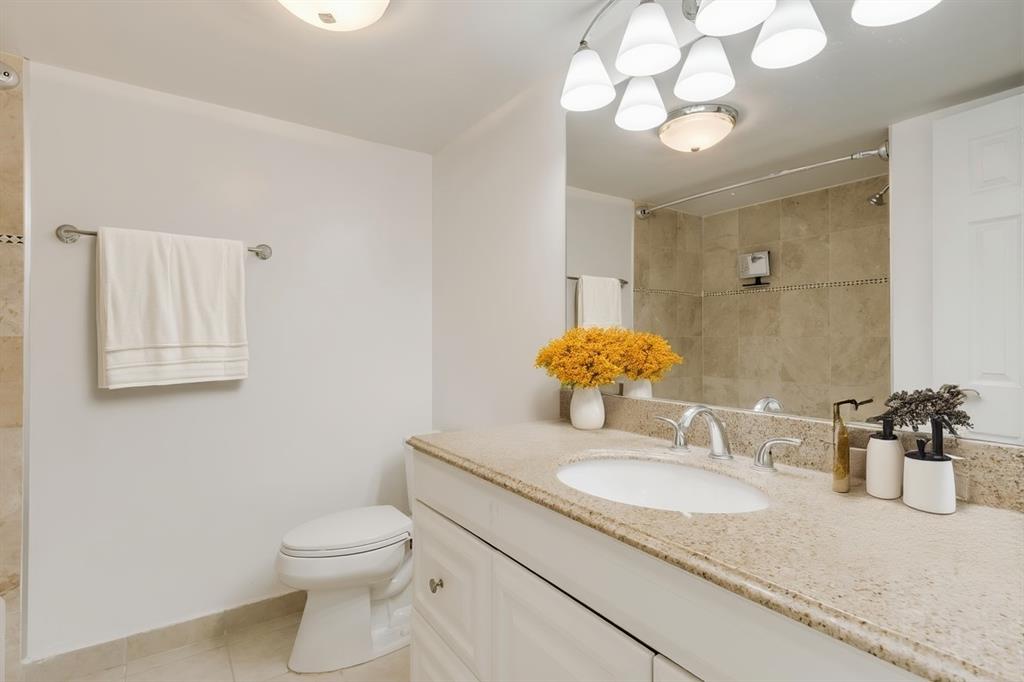 3000 Northeast 5th Terrace, Unit 110A Wilton Manors, FL 33334 - Photo 19 of 30 a bathroom with a granite countertop sink a toilet and a mirror