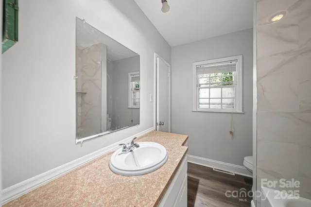 a bathroom with a granite countertop sink and a mirror
