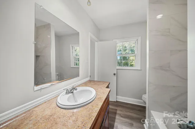 a bathroom with a granite countertop sink and a mirror