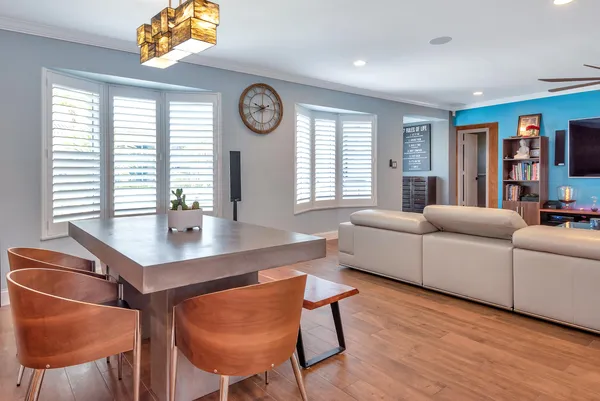 a living room with furniture and a potted plant