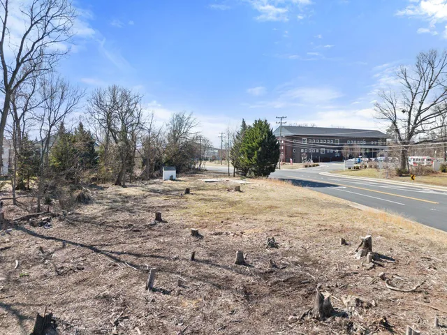 a view of a backyard space with wooden fence