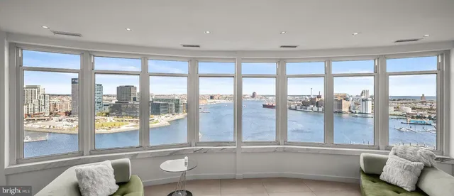 a living room with furniture and a floor to ceiling window