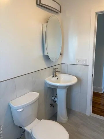 a bathroom with a toilet sink and mirror