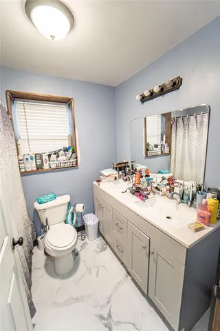 a bathroom with a sink toilet and mirror