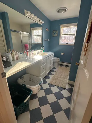 a bathroom with a sink a toilet a mirror and shower