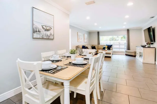 a view of a dining room with furniture