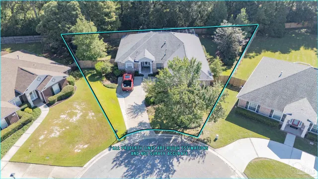 an aerial view of a house with a yard and a large tree