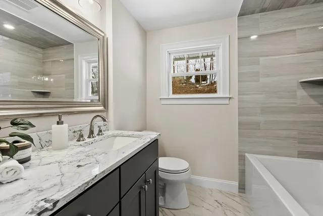 a bathroom with a granite countertop sink toilet and mirror