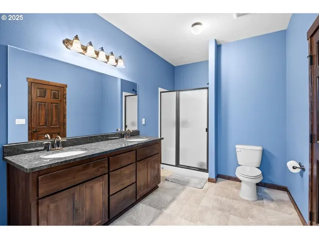 a bathroom with a sink a toilet a large mirror and shower