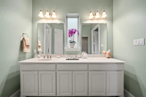 a bathroom with a double vanity sink and a mirror