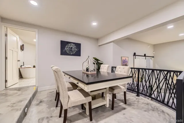 a view of a dining room with furniture
