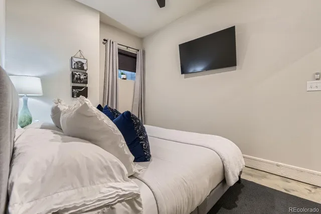a bedroom with a bed and a flat screen tv