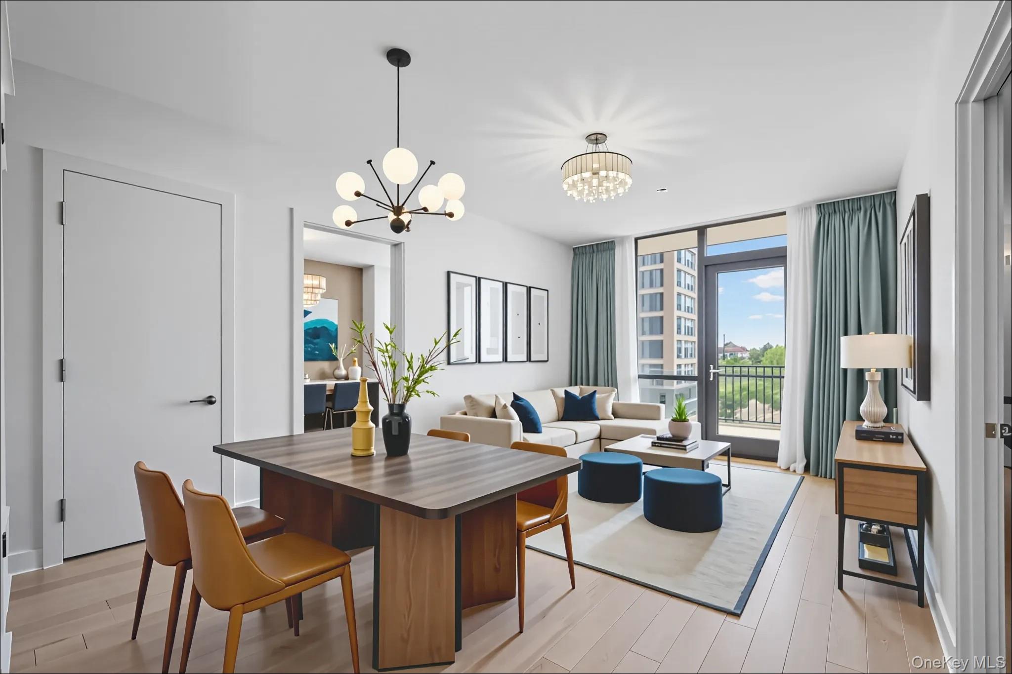 131-02 40th Road, Unit 12G Queens, NY 11354 - Photo 9 of 18 a view of a dining room with furniture a chandelier and wooden floor