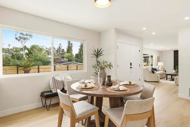 a view of a dining room with furniture window and outside view